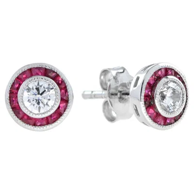 Pre-owned Unbranded 3.5m Round White Diamond & Red Pink Ruby Art Deco Style Stud White Gold Earrings