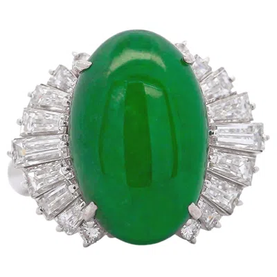 Pre-owned Unbranded 5.32 Carat Natural Jadeite Jade And Diamond Filigree Platinum Ballerina Ring In Green