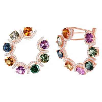 Pre-owned Unbranded 6.47 Ct Multi Color Sapphire 0.92 Ct Diamonds 14k Rose Gold Hoop Earrings In Red