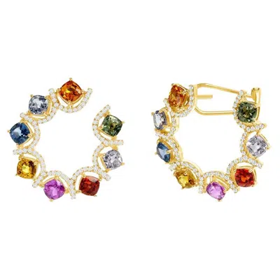 Pre-owned Unbranded 8.14 Ct Multi Color Sapphire 0.52 Ct Diamonds 14k Rose Gold Hoop Earrings In Red