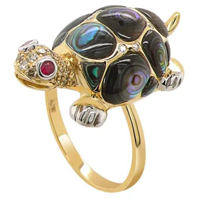 Pre-owned Unbranded Abalone Shell Fancy Diamond Ruby & White Diamond 18k Rose Gold Turtle Ring