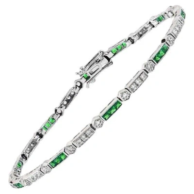 Pre-owned Unbranded Alternate Row Green Emerald & Diamond Tennis Line 14k White Gold Bracelet