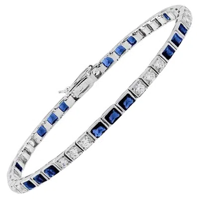 Pre-owned Unbranded Alternate Square Shape Blue Sapphire & Diamond White Gold Tennis Line Bracelet