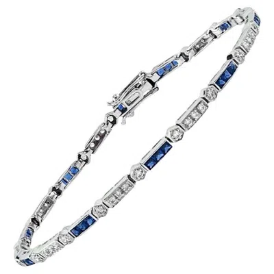 Pre-owned Unbranded Alternate Square Shape Blue Sapphire & Diamond White Gold Tennis Line Bracelet