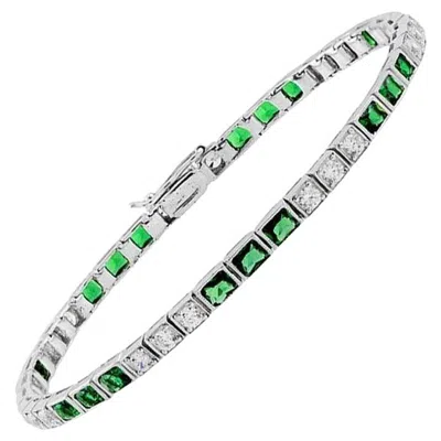 Pre-owned Unbranded Alternate Square Shape Green Emerald & Diamond White Gold Tennis Line Bracelet