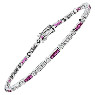 Pre-owned Unbranded Alternate Triple Red Pink Ruby & Diamond Tennis Line 14k White Gold Bracelet