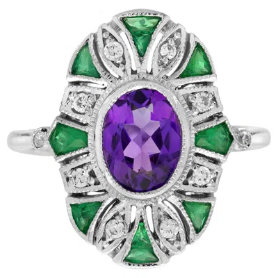 Pre-owned Unbranded Amethyst & Emerald Diamond Vintage Inspired Art Deco Style White Gold Ring