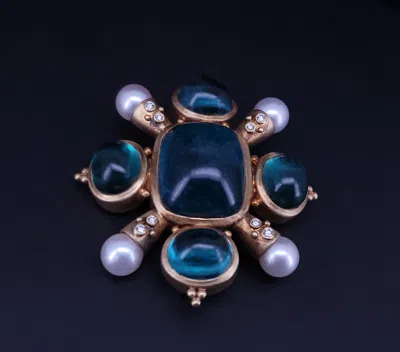 Pre-owned Unbranded Antique 18k Yellow Gold Brooch Aquamarine Pearls Diamonds