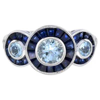 Pre-owned Unbranded Aquamarine & Blue Sapphire And Diamond Halo Art Deco Style Three Stone Gold Ring