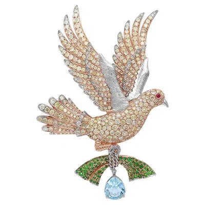 Pre-owned Unbranded Aquamarine & Green Garnet Diamond Pave Dove Bird 18k Two Tone Gold Pin Brooch