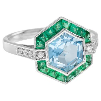 Pre-owned Unbranded Aquamarine Emerald Diamond Art Deco Style Hexagon 14k White Gold Ring