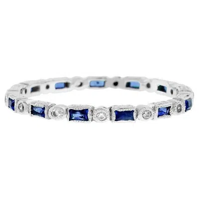Pre-owned Unbranded Art Deco Alternate Blue Sapphire & Diamond Eternity Band 14k White Gold Ring