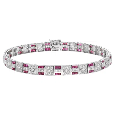 Pre-owned Unbranded Art Deco Design Red Pink Ruby & Diamond 14k White Gold Tennis Line Bracelet