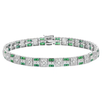 Pre-owned Unbranded Art Deco Inspired Design Emerald & Diamond 14k White Gold Line Bracelet