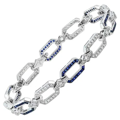 Pre-owned Unbranded Art Deco Inspired Style Blue Sapphire & Diamond Link White Gold Bracelet
