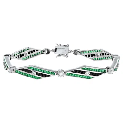 Pre-owned Unbranded Art Deco Inspired Style Diamond & Emerald Onyx 14k White Gold Bracelet