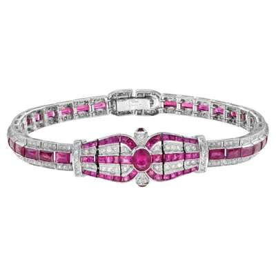 Pre-owned Unbranded Art Deco Inspired Style Pink Red Ruby & Diamond Unique 18k White Gold Bracelet