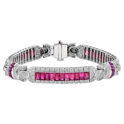 Pre-owned Unbranded Art Deco Inspired Style Red Pink Ruby & Diamond 18k White Gold Unique Bracelet