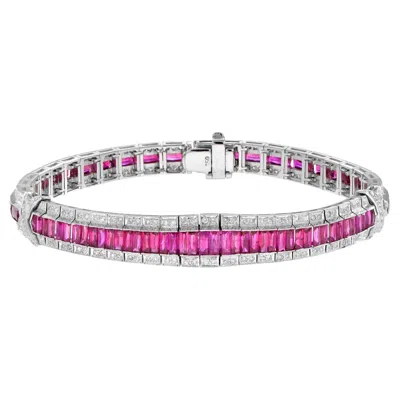 Pre-owned Unbranded Art Deco Style 15.04 Ct. Ruby & Diamond Baguette Tennis 18k White Gold Bracelet