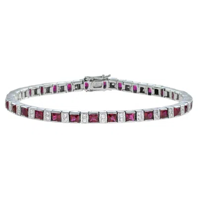 Pre-owned Unbranded Art Deco Style Alternated Square Red Ruby & Diamond Line 14k White Gold Bracelet
