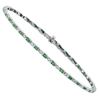 Pre-owned Unbranded Art Deco Style Baguette Emerald & Round Diamond Tennis Line White Gold Bracelet