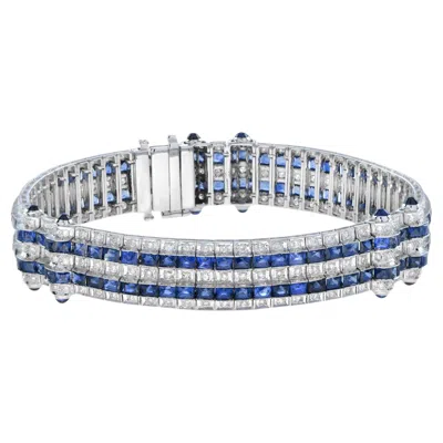 Pre-owned Unbranded Art Deco Style Blue Sapphire & Diamond Princess Tennis 18k White Gold Bracelet