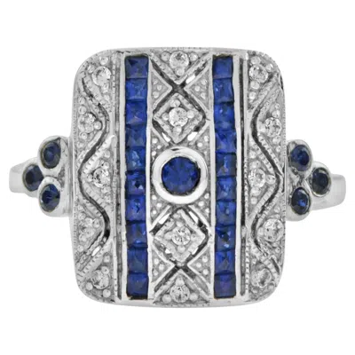 Pre-owned Unbranded Art Deco Style Blue Sapphire & Diamond Square 14k White Gold Ring