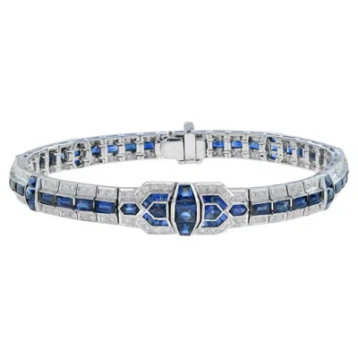 Pre-owned Unbranded Art Deco Style Blue Sapphire & Diamond Tennis Unique 18k White Gold Bracelet