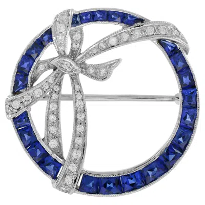 Pre-owned Unbranded Art Deco Style Circle With Ribbon Bow Halo Blue Sapphire & Diamond Pin Brooch