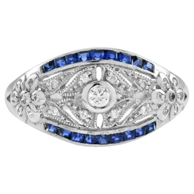 Pre-owned Unbranded Art Deco Style Diamond & Blue Sapphire 14k White Gold Dome Ring