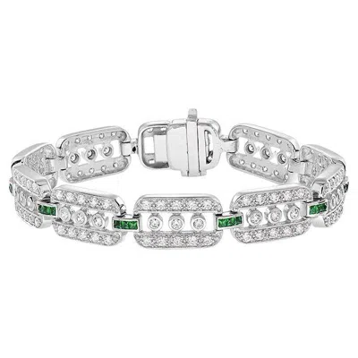Pre-owned Unbranded Art Deco Style Diamond & Emerald Line Unique 14k White Gold Bracelet