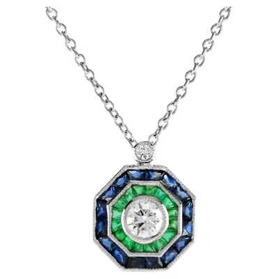 Pre-owned Unbranded Art Deco Style Diamond & Emerald Sapphire 18k White Gold Pendant Necklace