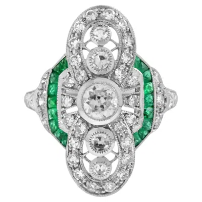Pre-owned Unbranded Art Deco Style Diamond & Green Emerald Cocktail 14k White Gold Ring