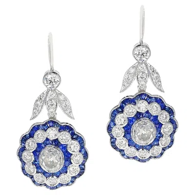 Pre-owned Unbranded Art Deco Style Diamond Old European-cut And Sapphire Earrings, 18k White