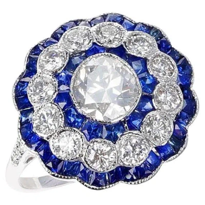 Pre-owned Unbranded Art Deco Style Diamond Old European-cut And Sapphire Engagement Ring, 18k White