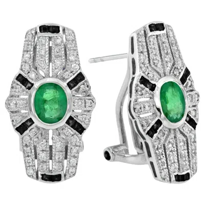 Pre-owned Unbranded Art Deco Style Emerald & Onyx And Diamond Shield Shape 14k White Gold Earrings