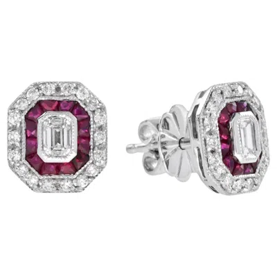 Pre-owned Unbranded Art Deco Style Emerald Cut Diamond & Ruby 14k White Gold Stud Earrings