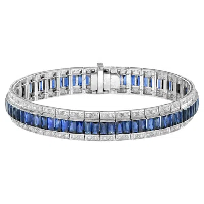 Pre-owned Unbranded Art Deco Style Inspired Blue Sapphire & Diamond 18k White Gold Line Bracelet
