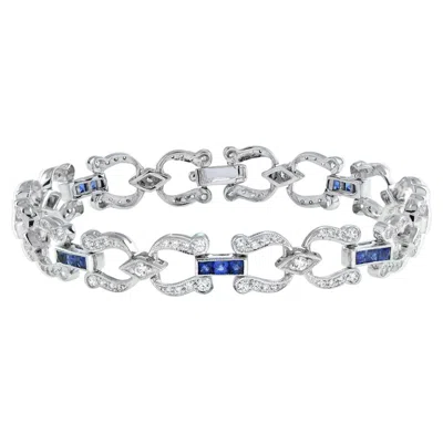 Pre-owned Unbranded Art Deco Style Inspired Blue Sapphire & Diamond Tennis Line White Gold Bracelet