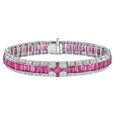 Pre-owned Unbranded Art Deco Style Inspired Pink Red Ruby & Diamond 18k White Gold Line Bracelet