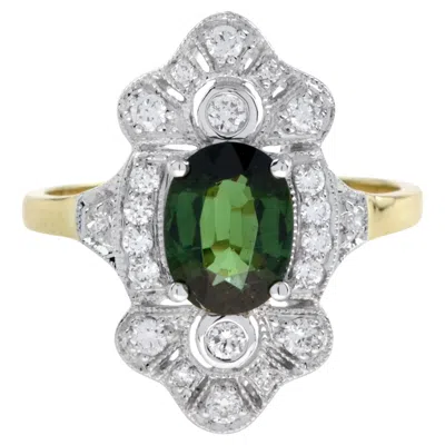 Pre-owned Unbranded Art Deco Style Oval Green Tourmaline & Diamond Halo 14k Gold Ring