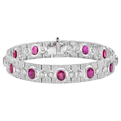 Pre-owned Unbranded Art Deco Style Pink Red Oval Ruby & Diamond Tennis 18k White Gold Bracelet