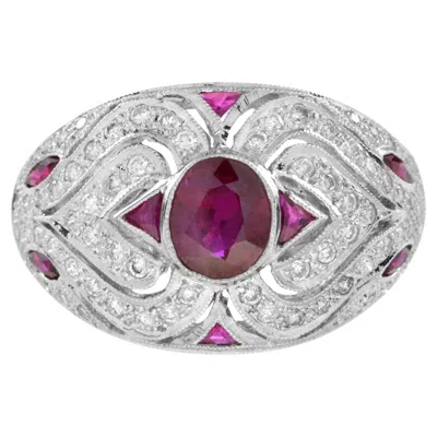 Pre-owned Unbranded Art Deco Style Pink Red Ruby & Diamond 18k White Gold Dome Bombe Ring