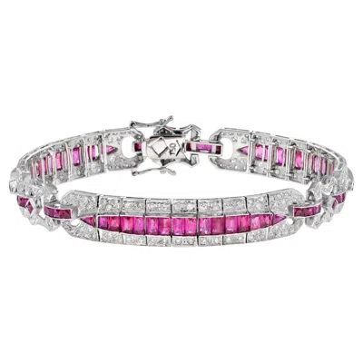 Pre-owned Unbranded Art Deco Style Pink Red Ruby & Diamond Baguette Tennis 18k White Gold Bracelet