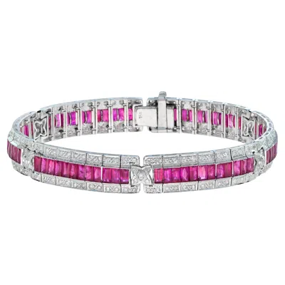Pre-owned Unbranded Art Deco Style Pink Red Ruby & Diamond Baguette Tennis 18k White Gold Bracelet