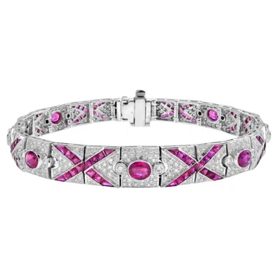 Pre-owned Unbranded Art Deco Style Pink Red Ruby & Diamond Pattern Tennis 18k White Gold Bracelet