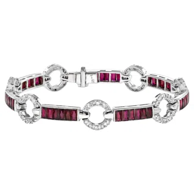Pre-owned Unbranded Art Deco Style Red Pink Ruby & Diamond 18k White Gold Unique Tennis Bracelet