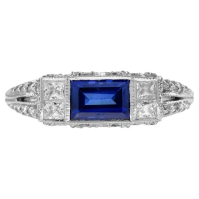 Pre-owned Unbranded Baguette Blue Sapphire & Diamond Art Deco Style Solitaire 14k White Gold Ring