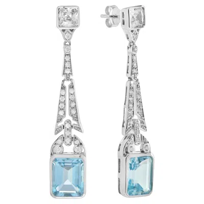 Pre-owned Unbranded Bezel Set Emerald Cut Blue Topaz & Diamond Drop 14k White Gold Dangle Earrings
