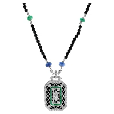Pre-owned Unbranded Black Onyx Emerald Sapphire Diamond Art Deco Style Bead White Gold Necklace